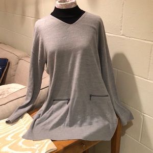 Gray V-Neck Sweater with Zipper Pockets